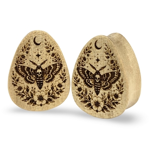 Laser Engraved Crocodile Wood Death Moth Teardrop Plugs